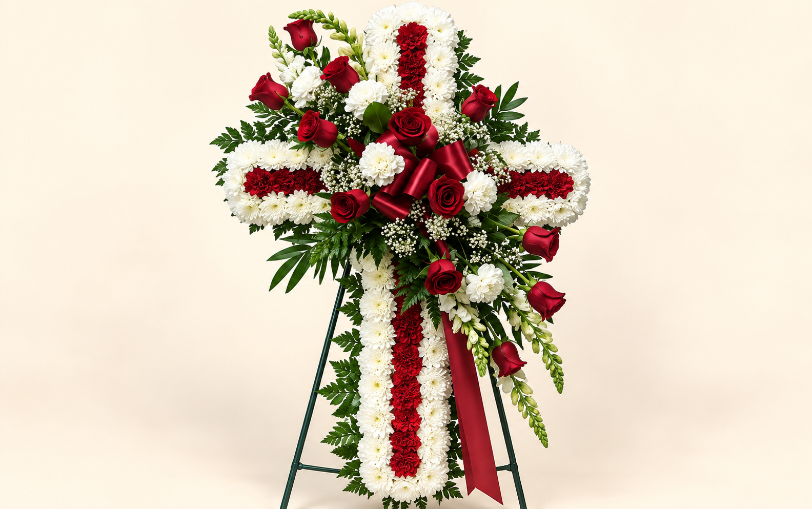 Arreglo Funerario en Forma de Cruz con Flor Perritos Blancos